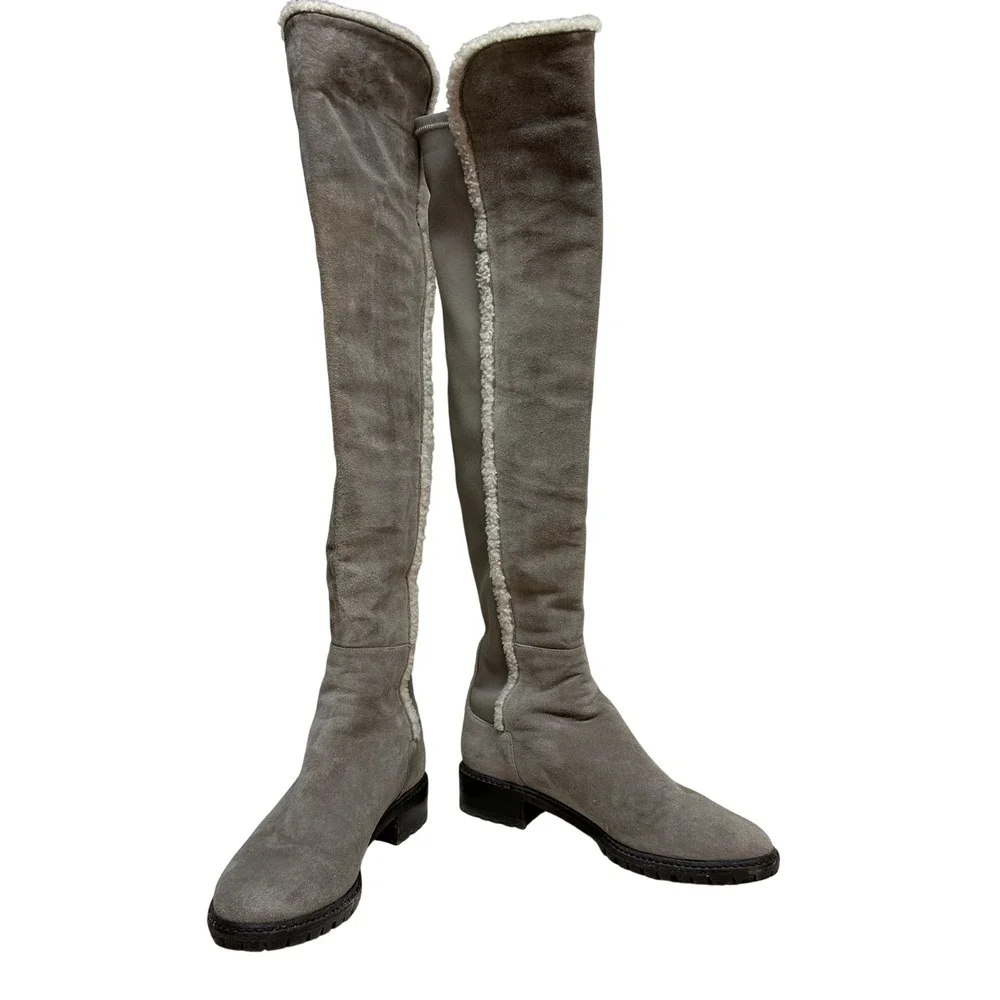 Stuart Weitzman Gray Suede Parka Shearling Lined Over The Knee Boots Women's 8.5